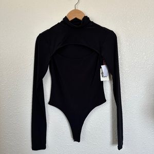 Open Edit Black Long Sleeve Turtleneck Open Chest Bodysuit Size Small Minimal